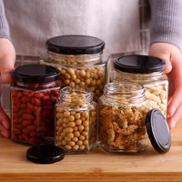 Vente en gros Hexagone à large ouverture 380ml 500ml Bocaux en verre vides pour la conservation des aliments avec couvercle en métal