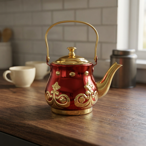 Vintage Red Metal Tea <b>Kettle</b> With <b>Gold</b> Handle And Lid Decorative Design - Product Image 4