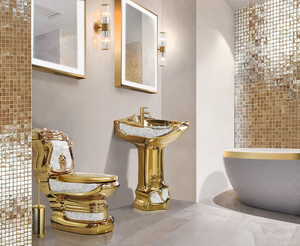 Inodoro de Dos Piezas de Cerámica Dorada de Lujo, Estilo Europeo, con Doble Descarga, Diseño Moderno para Hoteles - Product Image 5