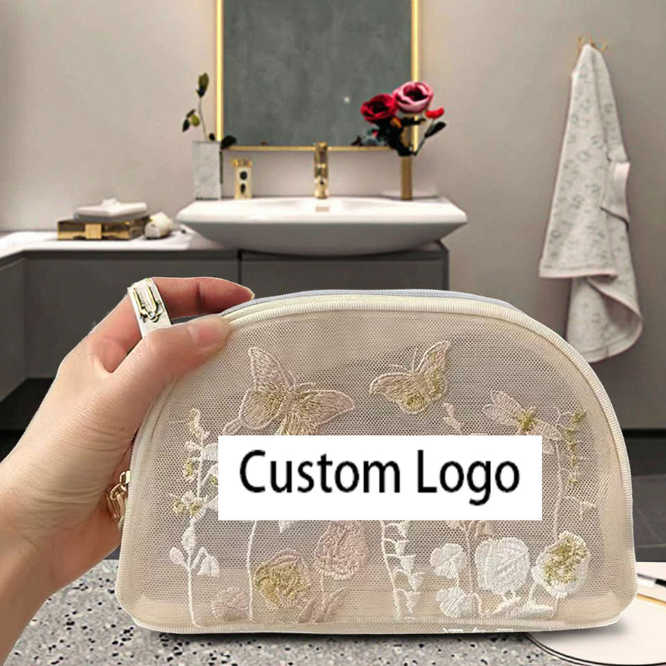 2025 Lightweight Travel Cosmetic Bag Easy White Mesh Veil Beauty Zipper Pouch New For Toiletry Makeup Case Gift Box Packaging