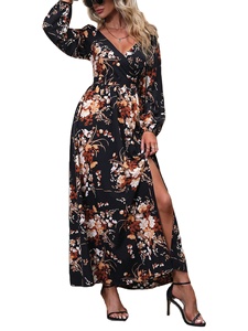 <span class=keywords><strong>Robe</strong></span> d'automne imprimée à manches longues et col en V pour femme - Product Image 2