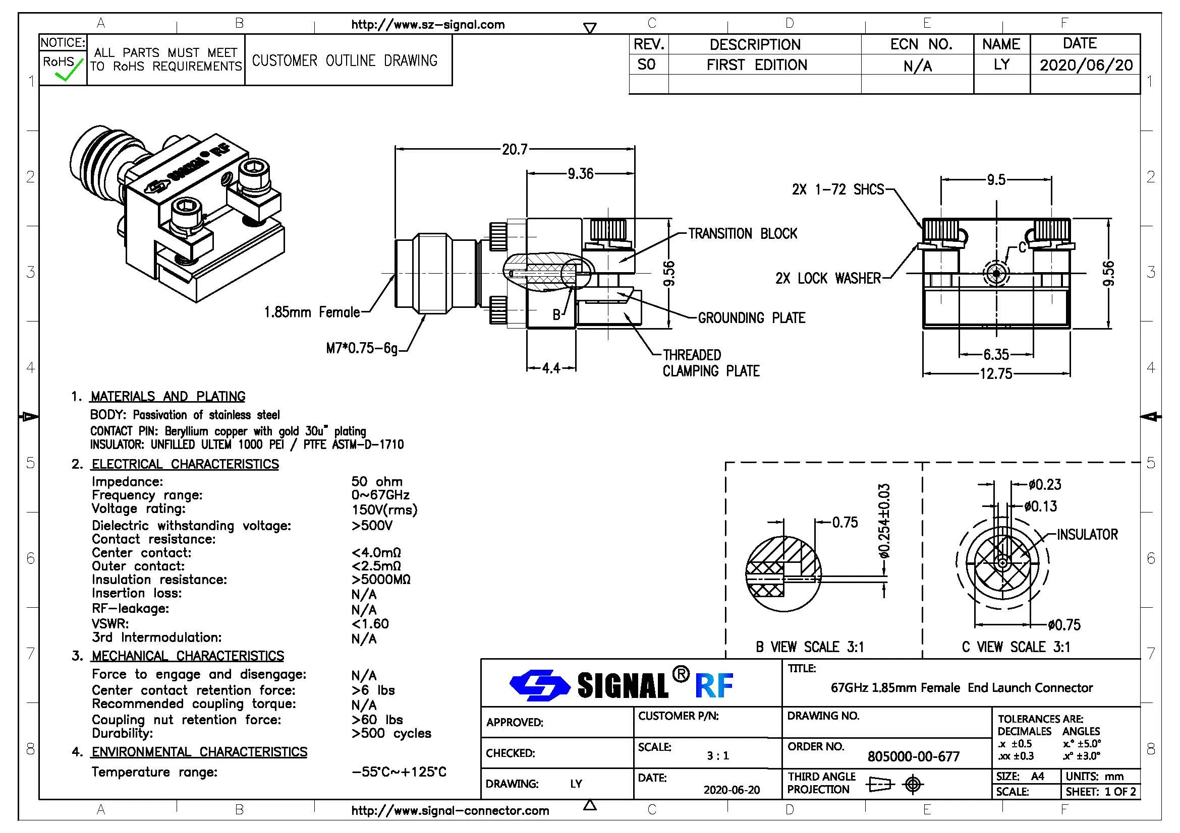 Connecteur Coaxial RF de 1.85mm, connecteur de lancement à extrémité femelle basse VSWR