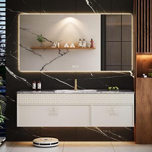 Mueble <span class=keywords><strong>de</strong></span> <span class=keywords><strong>Baño</strong></span> Moderno <span class=keywords><strong>de</strong></span> Lujo con Doble Cajón, Montado en la Pared, Color Blanco, con Lavabo <span class=keywords><strong>de</strong></span> Cerámica Integrado y Espejo con Gabinete LED Inteligente - Product Image 1