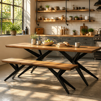Table de salle à manger avec plateau en bois épais et pieds en métal croisés, style industriel pour usage domestique