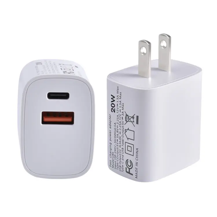 For iPhone 12 USB-C PD 20W Power Charger Adapter, For Samsung USB-A QC3.0 Fast Charging Adapter Dual Port PD QC3.0 Fast Charger