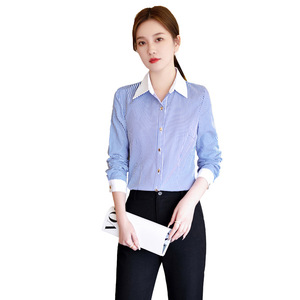 Blue Striped Long Sleeve Shirt Women Cotton Poplin Office Wear Contrast Collar Autumn Top - Product Image 5
