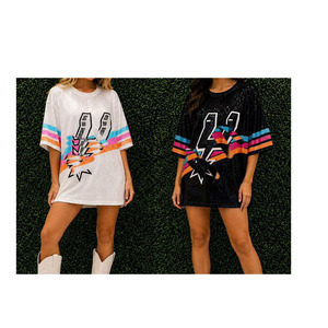 Vente en gros usine : Blouse à paillettes scintillantes pour le jour du match de basket de San Antonio, <span class=keywords><strong>Maillot</strong></span> de supporter à paillettes, Robe à paillettes <span class=keywords><strong>des</strong></span> <span class=keywords><strong>Spurs</strong></span>, Prêt à expédier - Product Image 1