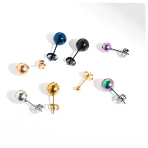 Factory wholesale simple fashion size steel ball steel stud earrings small gold bean 18K yellow gold color piercing earrings