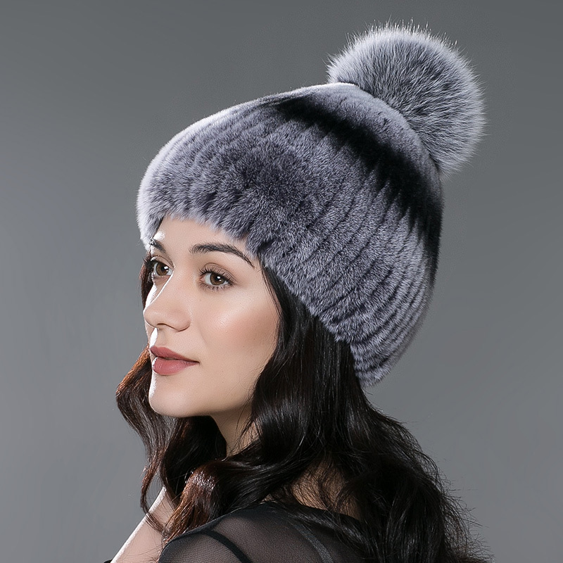 Surell Long Haired Rabbit Fur Knit Beanie With Fox Fur Pom - Winter Ski Hat - Luxuriously Warm & Stylish - Black