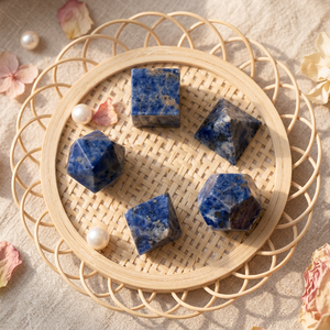 Lot de 5 figurines en pierre gemme de sodalite sculptées à la main, géométrie sacrée, solides formes platoniques, thème Amour, Gujarat – Vente en gros, durables - Product Image 5