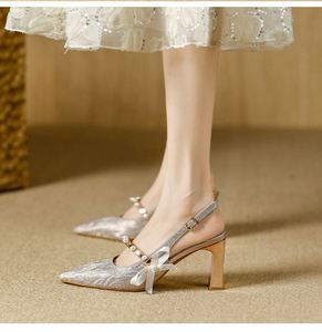Silver French Mary Jane High Heel Sandals, Pointed Toe One Strap Buckle <b>Block</b> Heel Bridal Wedding Shoes for Women - Product Image 5