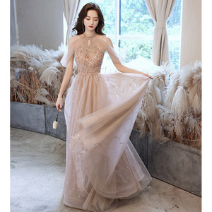 Champagne Pink Evening Gown Halter Empire A-Line With 3D Patterns For Banquets And Emcees - Product Image 3