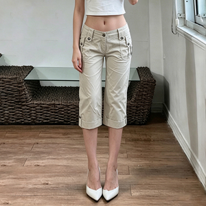 Salopette cargo tissée pour femme, taille basse, coupe droite, avec poches et détails boutonnés, style décontracté, pour le bureau, les trajets quotidiens, l'été et le streetwear, coupe capri - Product Image 2