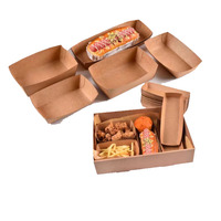 Herbruikbare, biologisch afbreekbare, wegwerpbaar, rechthoekige bakjes voor hotdogs, feestjes, barbecues, picknicks, snacks, fruit, voedsel; bruine kraft, gecoat, geëmbossed.