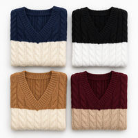Suéter de punto trenzado con cuello en V para mujer, personalizado, oversize, con bloques de color, rayas anchas en contraste, manga larga, OEM, venta al por mayor, pedido a granel