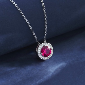 Round Cut <b>Ruby</b> Pendant <b>Necklace</b> 925 Silver with CZ Halo for Women - Product Image 2