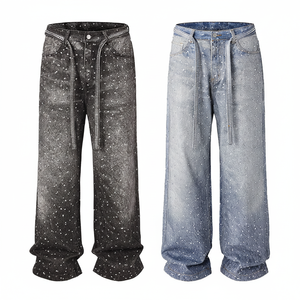 Style personnalisé pour hommes, jean vert en jean, coupe ample, pantalon en coton à jambes larges avec lavage vieilli, taille moyenne, jambe droite baggy - Product Image 1