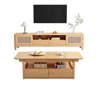 Ensemble table basse et meuble TV en bois massif de style nordique, design moderne et minimaliste, portes en rotin tressé écologiques pour salon
