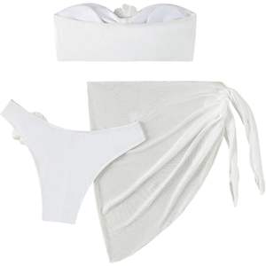 Conjunto de Bikini de 3 Piezas Personalizado para Mujer, Top Bandeau con Apliques Florales, Traje de Baño Elástico, Falda de Playa Blanca - Product Image 3