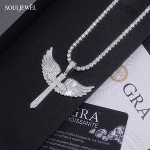 Collier pendentif croix aile d'ange en argent sterling 925 Souljewel, moissanite couleur D VVS, bijoux de luxe hip-hop unisexe pour soirée - Product Image 3