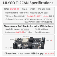Módulo de Relé de 2 Canales LILYGO T-2CAN ESP32-S3 con Controlador CAN MCP2515 Independiente, Interfaz SPI, Placa de Relé Esp32