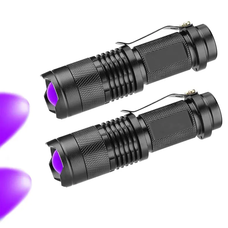 Linterna ultravioleta UV con función de Zoom, luz Mini UV negra, Detector de manchas de orina de mascotas, caza de escorpiones, 1 ud.