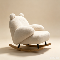 Fauteuil à bascule moderne en laine d'agneau avec oreilles d'ours, repose-pieds ottoman, coussin ultra moelleux, bois naturel silencieux
