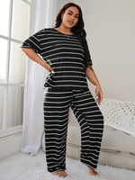 Piyama Wanita Bergaris Katun Jersey Set Kaos dan Celana Ukuran Besar Multiwarna Santai Nyaman Bernapas Pakaian Rumah Loungewear Grosir