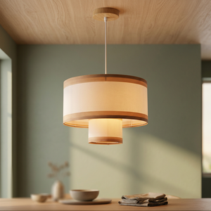 Suspension en bois avec abat-jour rond en forme de tambour, LED E27 2700K, blanc chaud doux, à fixation au plafond pour salle à manger - Product Image 2