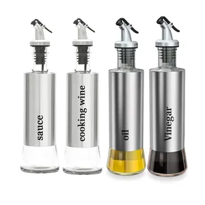 Olive Oil and Vinegar Bottle Dispenser Stainless Steel Transparent Glass Oil Bottle with Funnel Condiment Jars for Kitchen