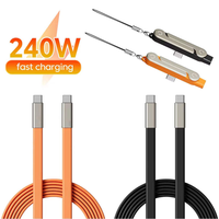 Pengisi Daya Cepat 240w Hitam/Oranye 2 in 1 USB c ke c Kabel Data Silikon 1.5m Pipih untuk Ponsel Original