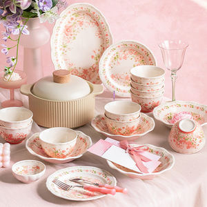 Juego de Vajilla de Cerámica 2025 a Precio de Fábrica, Juego de Platos y Tazones de Porcelana con Flores Rosas para Bodas - Product Image 5