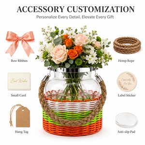 Vase à fleurs décoratif en verre transparent avec poignée en corde naturelle et base panier pour centre de table événementiel, vente au détail, cadeau, export - Product Image 5
