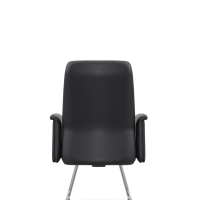 Chaise de conférence minimaliste en cuir synthétique noir, dossier plat fendu, base en traîneau chromé poli, chaise fixe pour négociations et invités