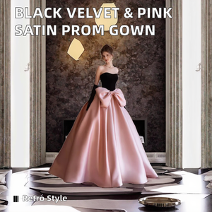 قميص مخملي أسود مع عقدة من الساتان الوردي فستان حفلة موسيقية بطول الأرض على شكل حرف A-line للمناسبات المسائية Quinceanera - Product Image 3