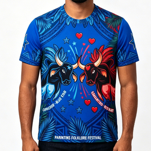 T-shirt formel personnalisé pour le festival du folklore, impression numérique, motif Boi <span class=keywords><strong>Bumba</strong></span> Caprichoso, bleu, pour le marché brésilien - Product Image 2