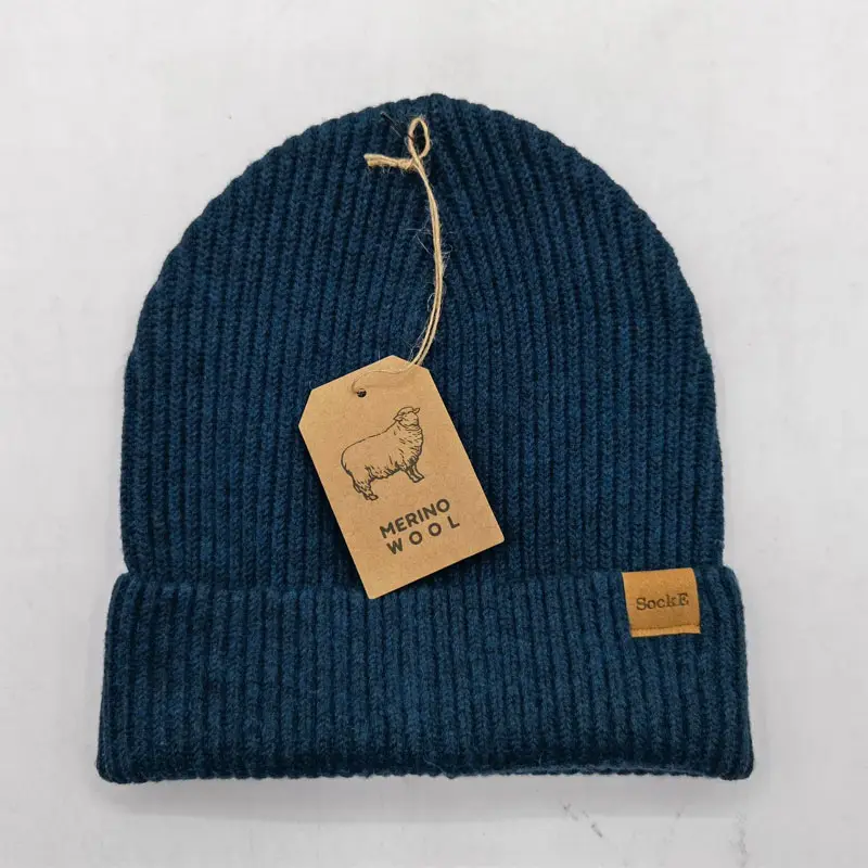 men women new warm winter hat cap leather patch custom 50% merino wool beanie hats