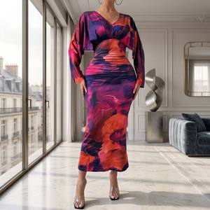 Nuevo Vestido de Mujer 2026 con Manga Murciélago y Fruncido - Vestido de Verano Sexy con Cuello en V y Ajuste Delgado, Elegante Falda Midi Plisada, Venta al por Mayor de Moda - Product Image 1