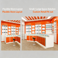 Complet ensemble de mobilier de magasin de téléphonie mobile : vitrine murale d'exposition d'accessoires et comptoir de démonstration de téléphones portables, combinaison blanc et orange
