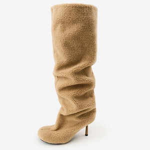 Women's Beige <strong>Sherpa</strong> Slouchy Knee High Heeled Fashion Custom <strong>Boots</strong> Cozy Casual Ladies Winter Shoes - Product Image 6