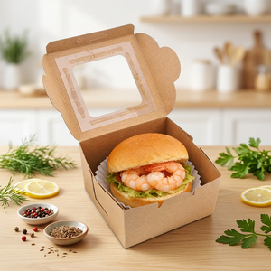 Kotak Kemasan Hadiah Kafe Makanan Cepat Saji Ramah Lingkungan, Kotak <span class=keywords><strong>Burger</strong></span> Kertas Kraft Sekali Pakai Tahan Minyak Grosir Dengan Jendela - Product Image 3