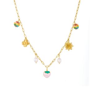 Collar de Acero Inoxidable con Colgante de Corazón de Fresa y Goteo de Aceite, Chapado en <span class=keywords><strong>Oro</strong></span>, con Perla de Girasol y Múltiples Colgantes, Joyería al por Mayor - Product Image 6