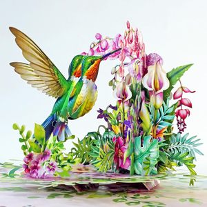 Hummingbird and Robin 3D Pop-Up 4 Color Greeting Card Mother's Day Gift <b>Paper</b> Die Cut Rectangle with <b>Gloss</b> Lamination - Product Image 2