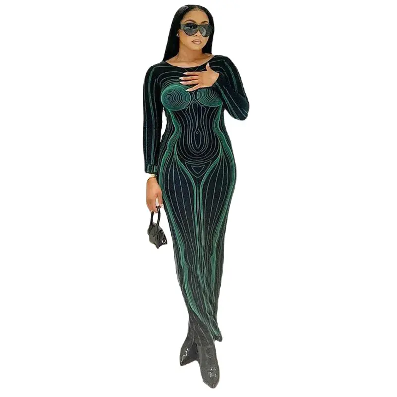 2023 New Arrivals Women's Elegant O-neck Printed Long Sleeve Pencil Dress Bodycon Maxi Dress