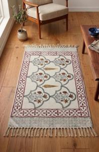 Mughal Floral Arch Block Print Cotton Rug 4x6 Handmade Carpet with Tassels Boho <b>Floor</b> <b>Mat</b> Living Room Decor - Product Image 2