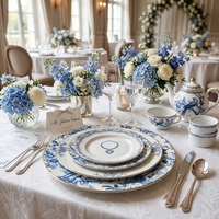 Ensemble d'assiettes à dîner en céramique bleu et blanc vintage, vaisselle en porcelaine de luxe avec bord doré, assiette à salade et à dessert à motif de fleurs de cerisier