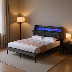 Base de Cama Queen Db con Cabecera Ergonómica, Almacenamiento, Luces LED RGB, Estación de Carga, Moderna, de Cuero Sintético y Metal - Product Image 2