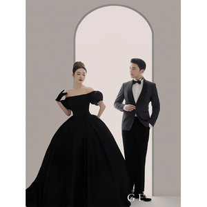 Off-Shoulder Satin Ball Gown Wedding Dress Black Natural Waist Vintage Style Hepburn Inspired Full Skirt Formal Evening Wear - Product Image 5