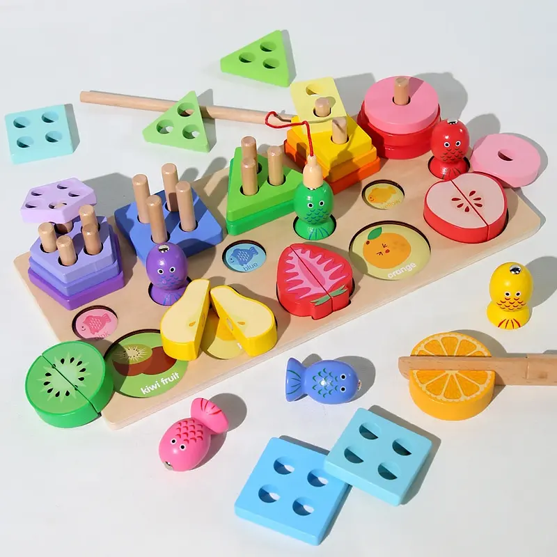 3D Wooden Puzzle Jigsaw Game Toys Fruit Shape Pairing Early Education Learn Puzzle Fishing Game Suitable for Kids Over 36months