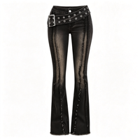 Pantalon en jean noir souple évasé pour femme, taille basse, coupe droite, fermeture éclair